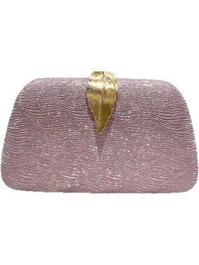 〽️Women's Pink Metallic Leaves Clasp Banquet Elegant Clutch Purse Evening Bags